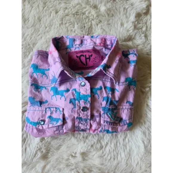 Cowgirl Hardware Pink Colorful Ombre Horses Pearl Snap Western shirt size 2t - Picture 8 of 8